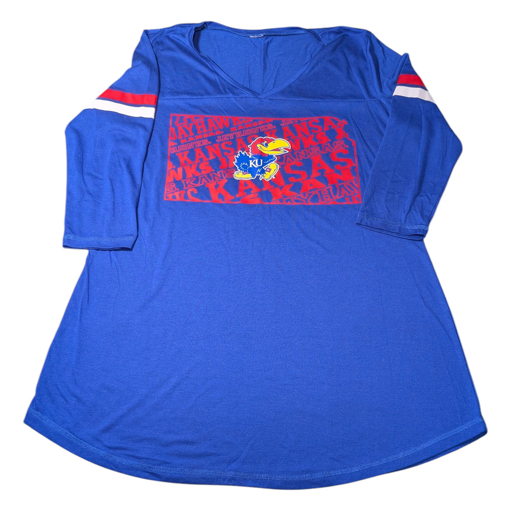 Kansas Jayhawks Women's Blue Team Spirit Jersey Dress, 3/4 Sleeve 2XL- 3XL